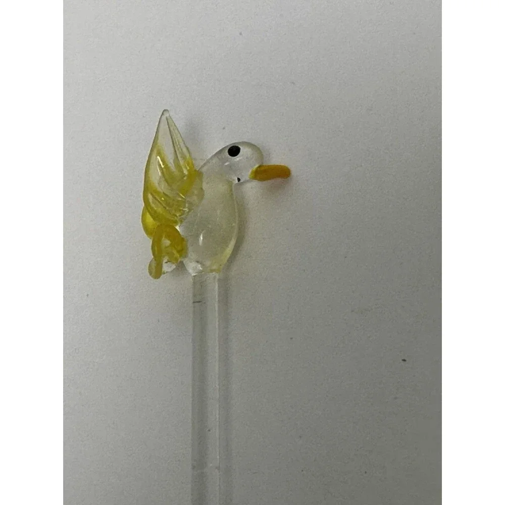 4 Vtg MCM Hand Blown Art Glass Bird Swizzle Stir Sticks Blue Green Yellow Purple